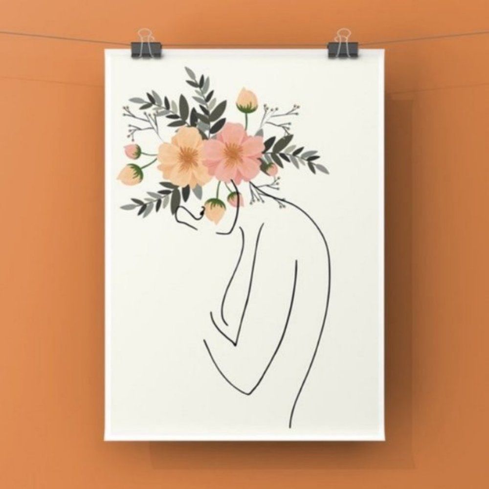 Modern abstract women line art flowers art print
